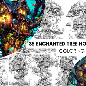 May include: A coloring page featuring 35 enchanted tree houses. The page includes a variety of tree houses, each with unique details and designs. The tree houses are surrounded by lush greenery and whimsical elements, such as mushrooms and butterflies.