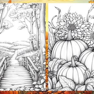 Fall Coloring Book Autumn Landscape Coloring Pages, Pumpkin Coloring Sheets for Adult Digital Download PDF, Enchanted Forest Printable Book