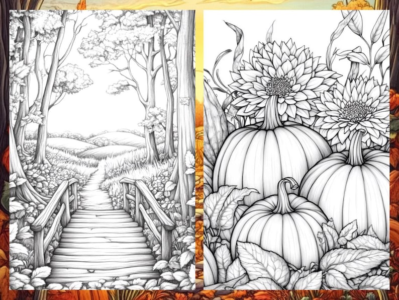 Fall Coloring Book Autumn Landscape Coloring Pages, Pumpkin Coloring Sheets for Adult Digital Download PDF, Enchanted Forest Printable Book