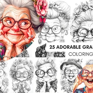 May include: A set of 25 coloring pages featuring adorable grandma illustrations. The pages are black and white and feature grandmas with different expressions and hairstyles. The text "25 Adorable Grandma Coloring Page" is at the bottom of the image.