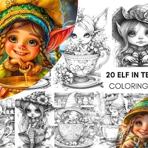 May include: A coloring book page featuring 20 illustrations of elves sitting in teacups. The elves are dressed in various outfits and have different expressions. The text "20 ELF IN TEACUP COLORING PAGE" is at the bottom of the page.