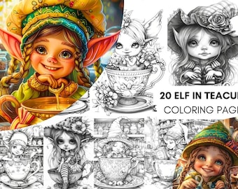 Cute Gnome Coloring Pages for Adults, Elf Coloring Book Digital Download, Floral Tea Cup pdf, Printable Coloring Book Procreate