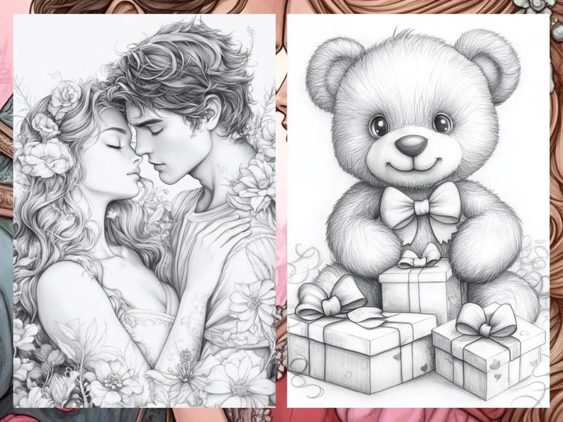 Valentine's Day Coloring Book Page Adult Love Coloring Sheets for Adults Printable, Couples Valentine's Coloring Book, Printable PDF
