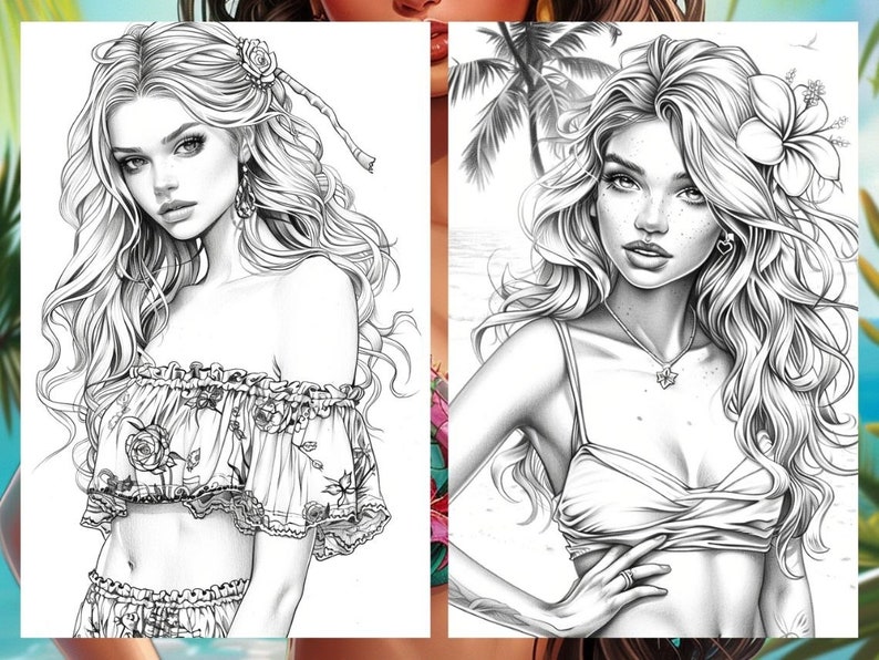 Summer Fashion Girl Coloring Book, Tropical Pages Women Adult Printable, Beach Theme Coloring Pages Adult, Instant Download PDF