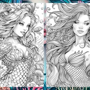 May include: Two black and white line drawings of mermaids with long flowing hair and intricate details. The mermaids are depicted with seashells and other ocean-themed elements.