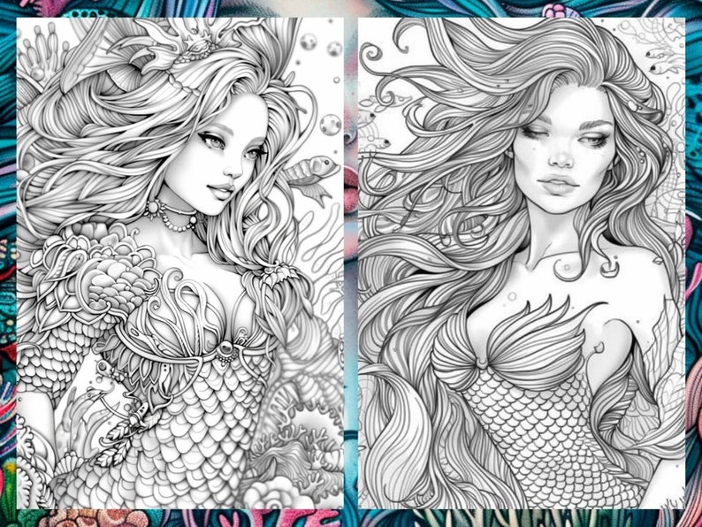 May include: Two black and white line drawings of mermaids with long flowing hair and intricate details. The mermaids are depicted with seashells and other ocean-themed elements.