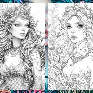 May include: Two black and white line drawings of women with long flowing hair. The woman on the left is wearing a crown and jewelry. The woman on the right is wearing a flower crown.