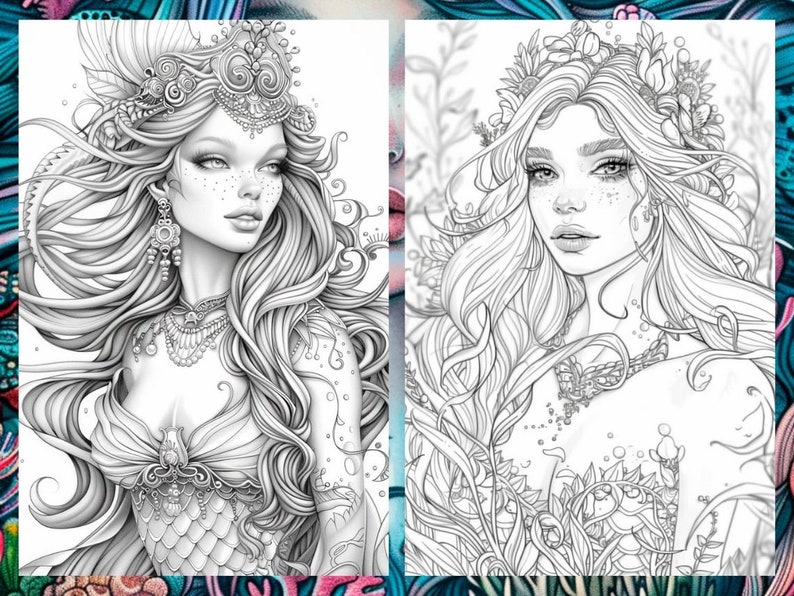 May include: Two black and white line drawings of women with long flowing hair. The woman on the left is wearing a crown and jewelry. The woman on the right is wearing a flower crown.