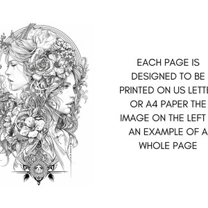 K&ouml;nnte beinhalten: Eine Schwarzwei&szlig;illustration von zwei Frauen mit Blumenkr&auml;nzen und filigranen Details. Der Text "EACH PAGE IS DESIGNED TO BE PRINTED ON US LETTER OR A4 PAPER THE IMAGE ON THE LEFT IS AN EXAMPLE OF A WHOLE PAGE" ist auf der rechten Seite des Bildes sichtbar.