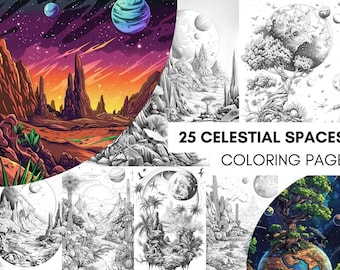 25 Space Magical and Celestial Coloring Pages, Grayscale Coloring Book for Adults and Teens Printable PDF