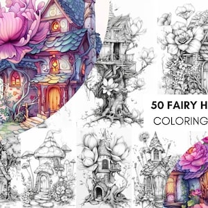 May include: A colouring page featuring 50 fairy homes. The page includes a variety of homes, including a house with a large pink flower, a treehouse, and a mushroom house. The homes are all drawn in black and white, and the page is titled "50 Fairy Homes Colouring Page."