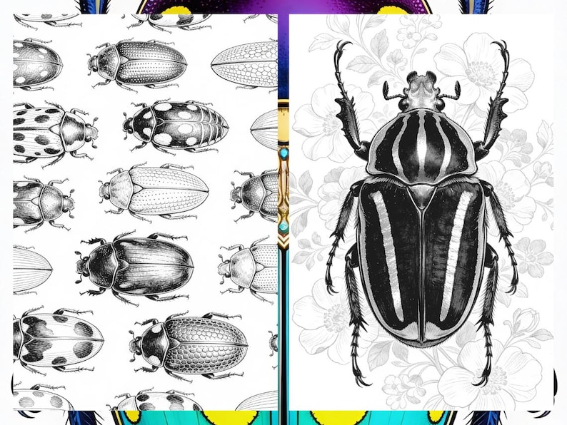 Brilliant Beetle Coloring Pages for Adults, Cute Beetle Coloring Book Digital Download, Insect Coloring Sheets for Adults Printable PDF