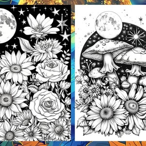 Magic Celestial Space Floral Coloring Book for Adults, Flower Sun Moon Fairytale Coloring Pages Printable, Grayscale Book, Instant PDF
