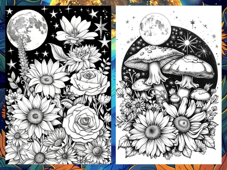 Magic Celestial Space Floral Coloring Book for Adults, Flower Sun Moon Fairytale Coloring Pages Printable, Grayscale Book, Instant PDF