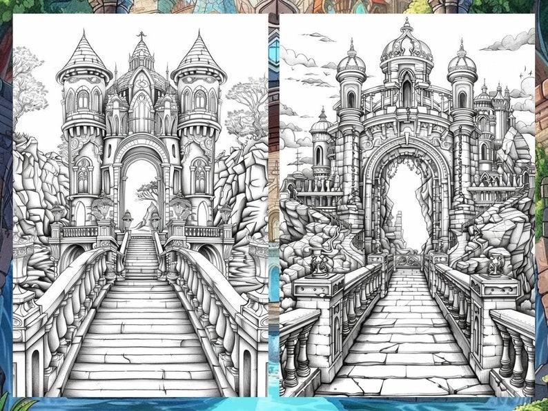 Op de afbeelding: Een zwart-witte lijntekening van een groot, versierd kasteel met een imposante boog en een brug die naar de ingang leidt. Het kasteel is omgeven door rotsachtige kliffen en bomen.