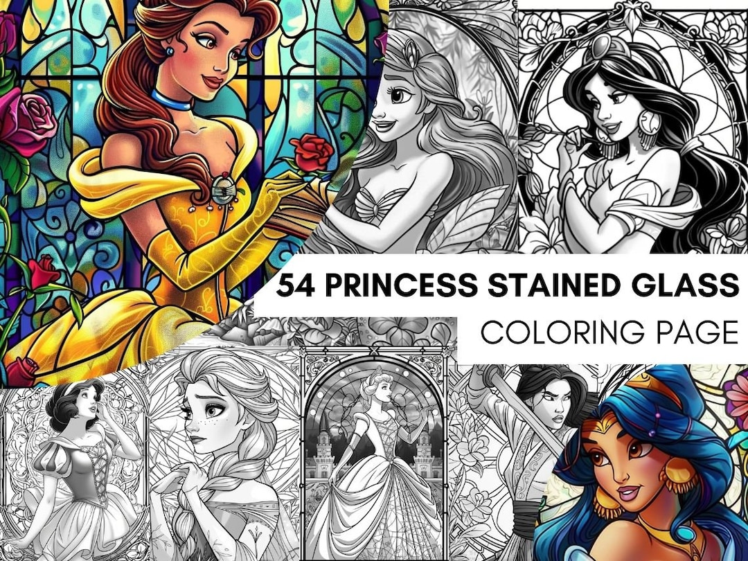 54 Princess Stained Glass Coloring Book, Art Nouveau Style, Coloring ...