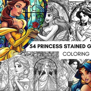 54 Princess Stained Glass Coloring Book, Art Nouveau Style, Coloring Book for Adults, Teens and Kids