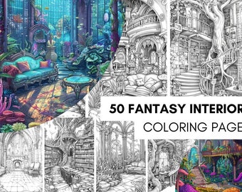50 Fantasy Interiors Kleurboek: Kleurboek voor volwassenen, kinderen en tieners, fantasie kleurplaten, PDF