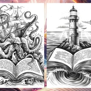 May include: Two black and white illustrations of a book with a nautical theme. The first image depicts an octopus wrapping its tentacles around a ship. The second image shows a lighthouse on a rocky island.