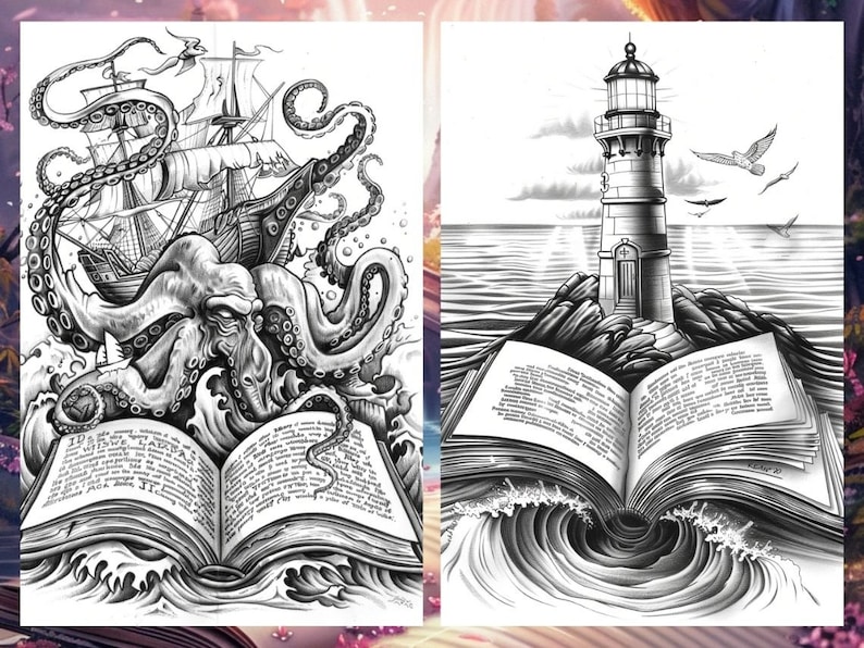 May include: Two black and white illustrations of a book with a nautical theme. The first image depicts an octopus wrapping its tentacles around a ship. The second image shows a lighthouse on a rocky island.
