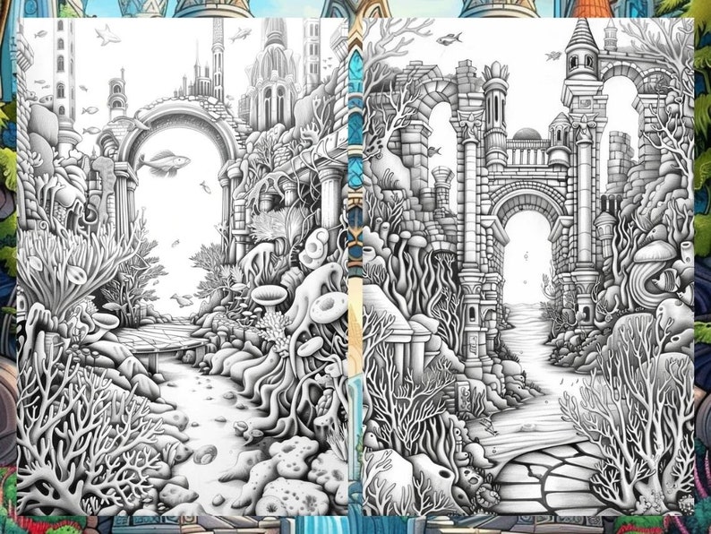 Op de afbeelding: Een zwart-witte illustratie van een fantastische onderwaterstad met een boog die naar een helder wit licht leidt. De stad is begroeid met koraal en ander zeeleven.