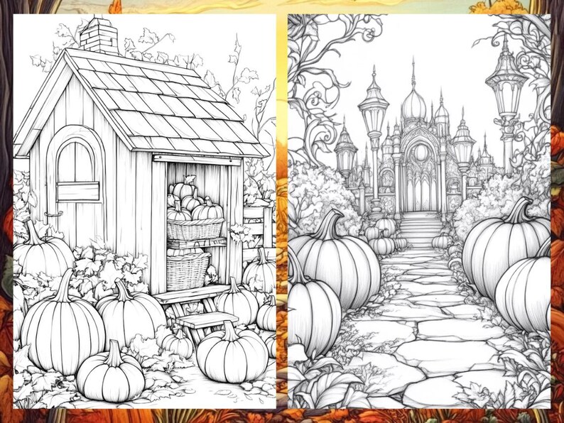 Fall Coloring Book Autumn Landscape Coloring Pages, Pumpkin Coloring Sheets for Adult Digital Download PDF, Enchanted Forest Printable Book
