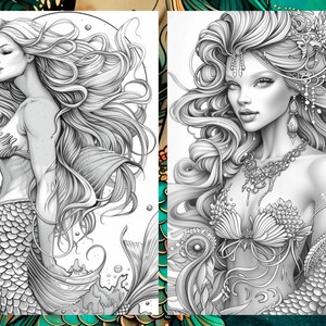 May include: Two black and white illustrations of mermaids with long flowing hair. The mermaid on the left has a simple shell bra and a scaly tail. The mermaid on the right has a more elaborate shell bra and a tail with intricate details.