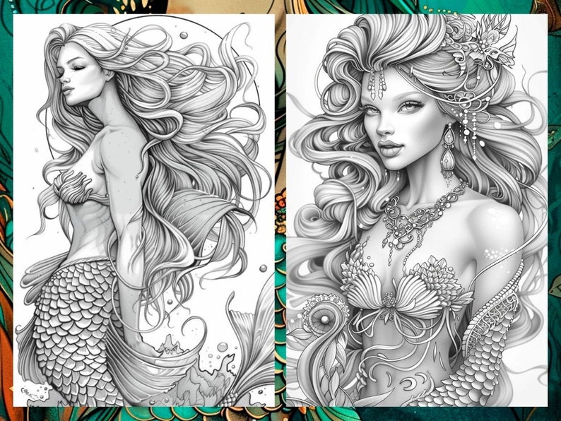 May include: Two black and white illustrations of mermaids with long flowing hair. The mermaid on the left has a simple shell bra and a scaly tail. The mermaid on the right has a more elaborate shell bra and a tail with intricate details.