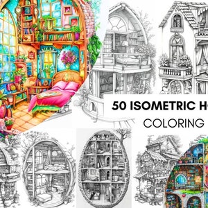 May include: A set of 50 coloring pages featuring isometric house designs. The pages are black and white line drawings of houses with intricate details. The title "50 Isometric House Coloring Page" is displayed at the bottom of the image.