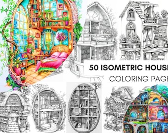 May include: A set of 50 coloring pages featuring isometric house designs. The pages are black and white line drawings of houses with intricate details. The title "50 Isometric House Coloring Page" is displayed at the bottom of the image.