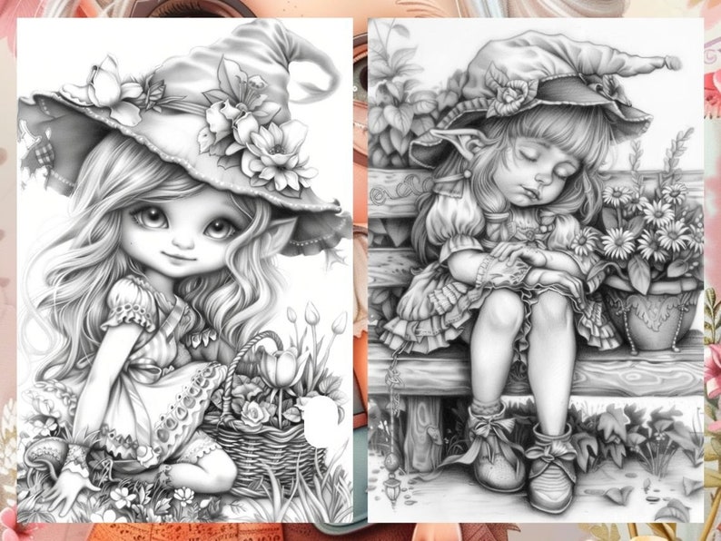 Garden Cute Gnome Coloring Pages, Gnome Coloring Book, Enchanted Garden, Grayscale Coloring Book, Little Gnome Coloring Sheet, Printable PDF