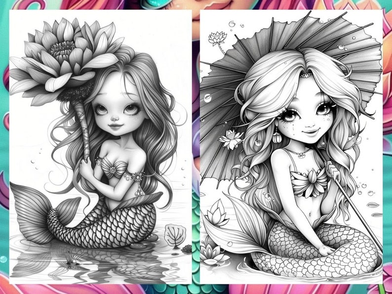 Cute little mermaid, Fantasy Coloring, Adult Coloring Pages