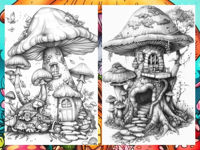 Enchanted Forest Mushroom House Coloring Book, Gnome Coloring Book, Fairytale Garden Coloring Pages, Fairy Coloring Pages for Adults PDF