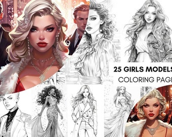 Fashion Girl Model Coloring Book Page, Hair Coloring Book Women Coloring Page, Anime Coloring Book for Adult, Girl Fabric Coloring Sheet PDF