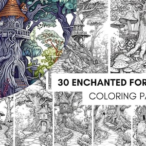 Enchanted Forest Coloring Book 30 Stron, Wydrukowane Magiczne Kolorowanki Lasu, Kolorowanka dla Dorosłych