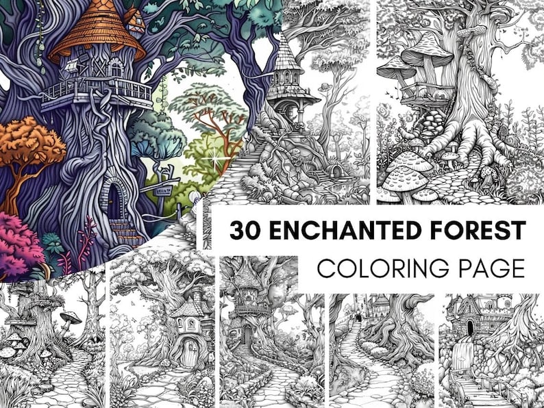May include: A set of 30 coloring pages featuring enchanted forests with whimsical tree houses, mushrooms, and winding paths. The pages are black and white, ready to be colored.