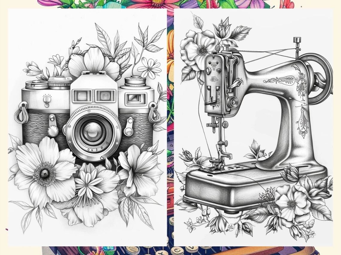Retro Floral Cute COLORING PAGES BOOK, 20 Vintage Objects &amp; Anxiety ...