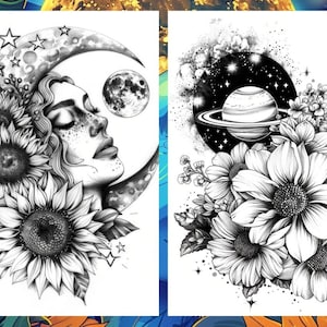 Magic Celestial Space Floral Coloring Book for Adults, Flower Sun Moon Fairytale Coloring Pages Printable, Grayscale Book, Instant PDF
