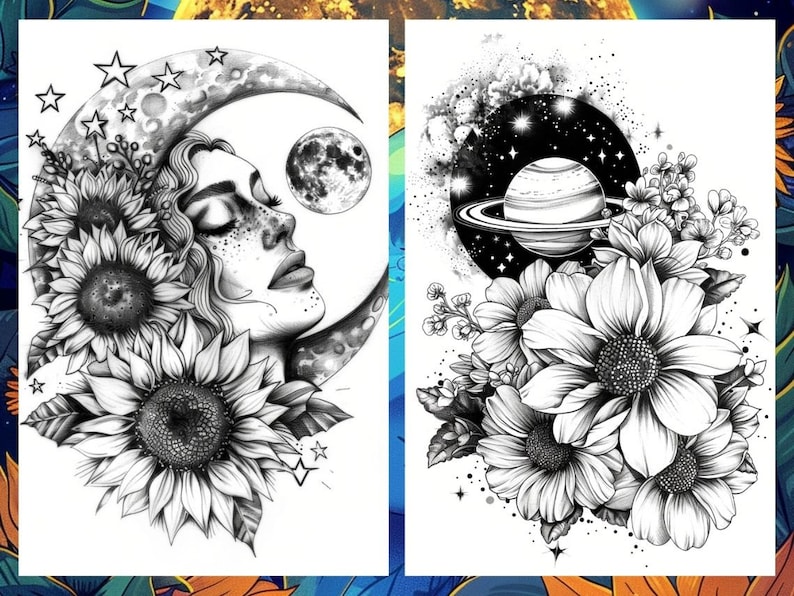 Magic Celestial Space Floral Coloring Book for Adults, Flower Sun Moon Fairytale Coloring Pages Printable, Grayscale Book, Instant PDF