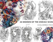 Libro de colorear de los signos del zodÃaco 24 mujeres, imprimible, de astrologÃa celestial, horóscopo, para adulto y adolescentes