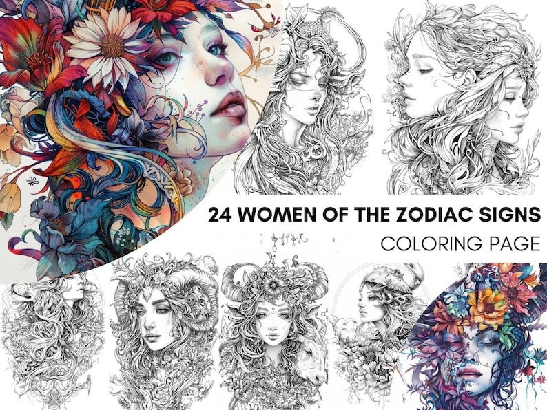 K&ouml;nnte beinhalten: Eine Malvorlage mit 24 Frauen der Sternzeichen. Jede Frau ist mit filigranen Details und floralen Elementen dargestellt. Der Titel "24 Frauen der Sternzeichen Malvorlage" ist oben angezeigt.