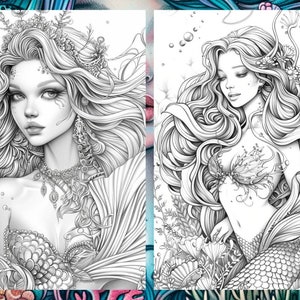 May include: Two black and white line drawings of mermaids. The mermaid on the left is wearing a crown and jewelry. The mermaid on the right is wearing a seashell bra and has her tail wrapped around her.