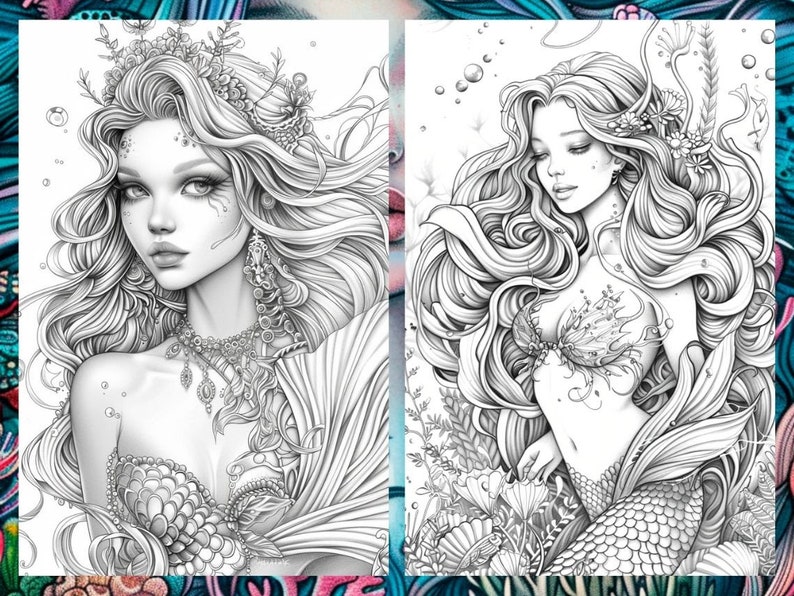 May include: Two black and white line drawings of mermaids. The mermaid on the left is wearing a crown and jewelry. The mermaid on the right is wearing a seashell bra and has her tail wrapped around her.