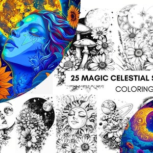 Magic Celestial Space Floral Coloring Book for Adults, Flower Sun Moon Fairytale Coloring Pages Printable, Grayscale Book, Instant PDF