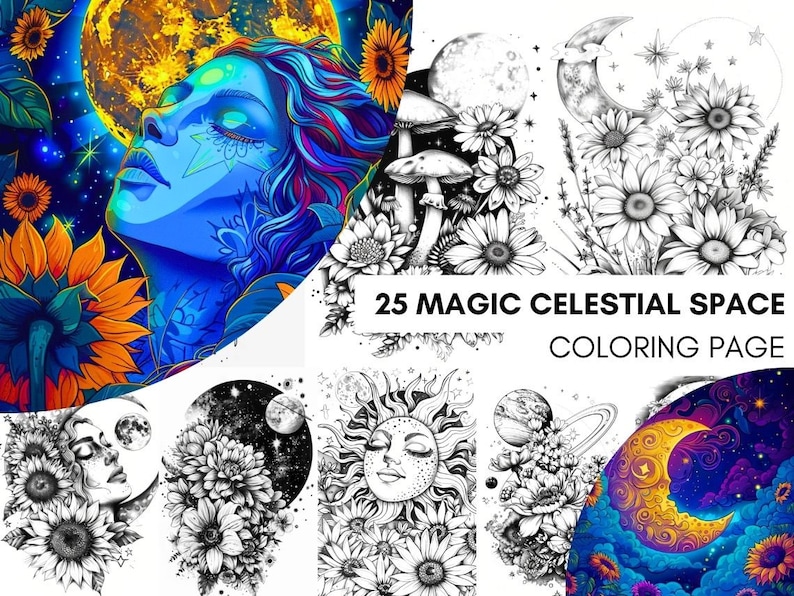Magic Celestial Space Floral Coloring Book for Adults, Flower Sun Moon Fairytale Coloring Pages Printable, Grayscale Book, Instant PDF
