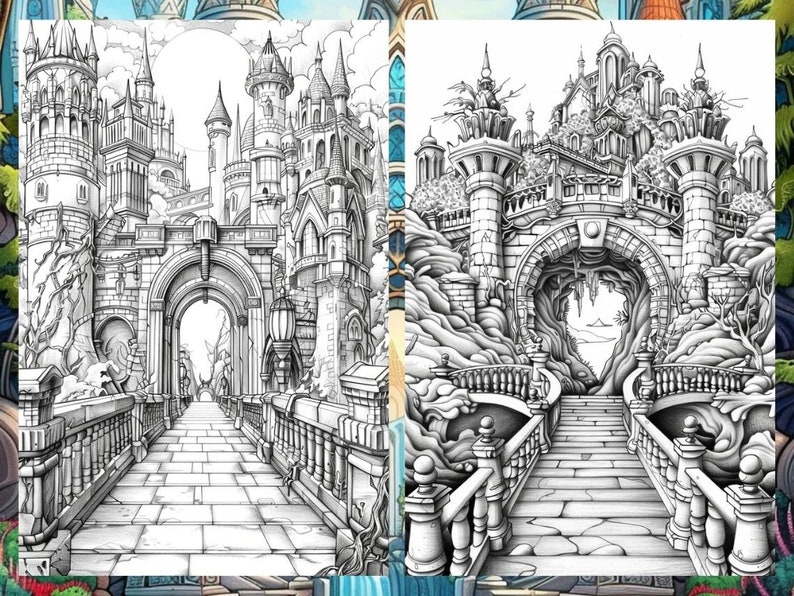 Op de afbeelding: Een zwart-witte illustratie van een groot, versierd kasteel met een brug die naar een grote boog leidt. Het kasteel is omgeven door bomen en ander groen.