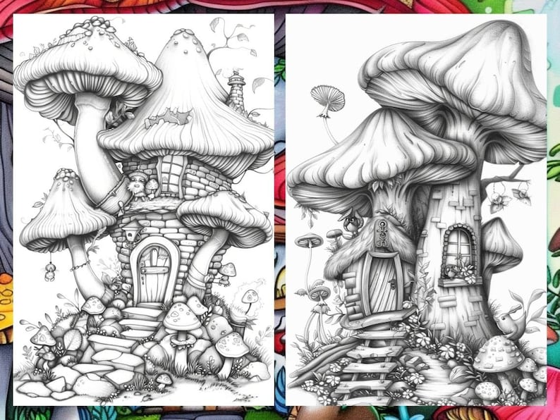 Enchanted Forest Mushroom House Coloring Book, Gnome Coloring Book, Fairytale Garden Coloring Pages, Fairy Coloring Pages for Adults PDF