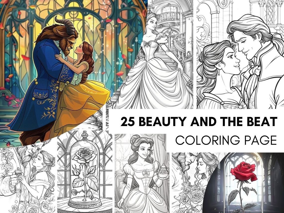25 Beauty and the Beast Coloring Book, Printable Fairytale Princess ...