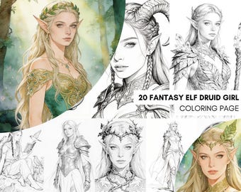 Fantasy Elf Druid Girl Coloring Pages for Adults, Elf Coloring Books Digital Download, Fantasy Elf Princess PDF, Printable Instant Download