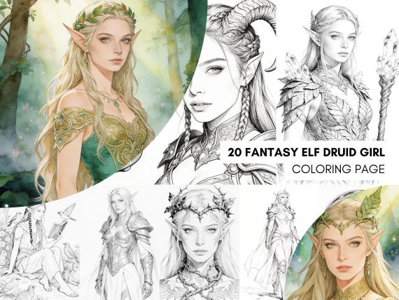 Páginas para Colorear de Elfos para Adultos, Libro de Elfos en Descarga Digital, Reinos Encantados en PDF, Libro de Colorear Elfos
